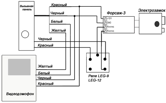 Схема подключения накопителя напряжения Форсаж-3 с реле к домофонам Картинка Схема подключения накопителя напряжения Форсаж-3 с реле к домофонам